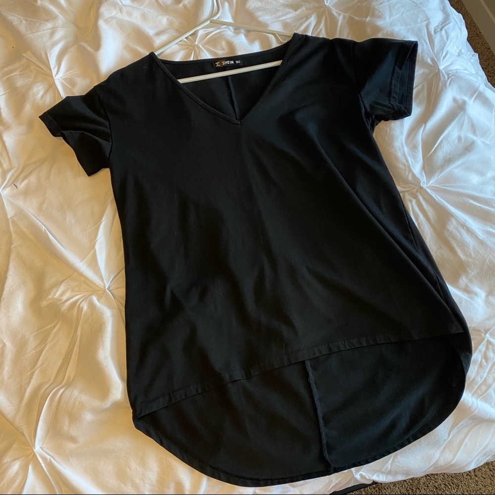 Shein Black V-Neck High/Low Short Sleeve Top Women’s Size Small - Picture 4 of 7